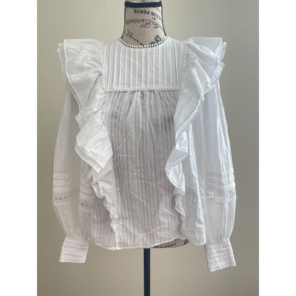 Ted Baker White Cotton Ruffle Pintuck Victorian Blouse Pom Pom Trim Size 0
